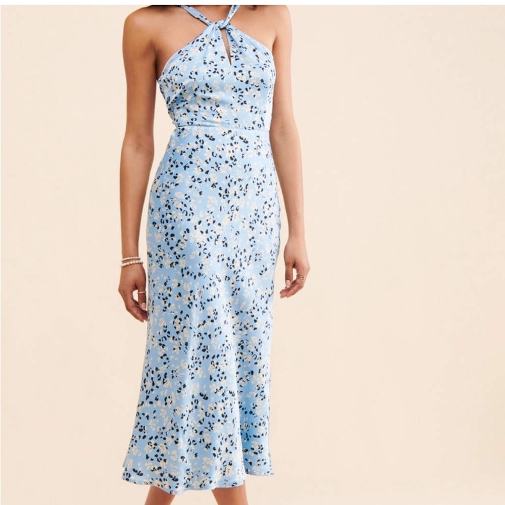 Astr the label blue with white and black pattern halter top midi dress
